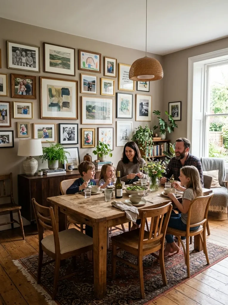 Casual dining room featuring a curated gallery wall with artwork, family photos, and stylish furnishings.