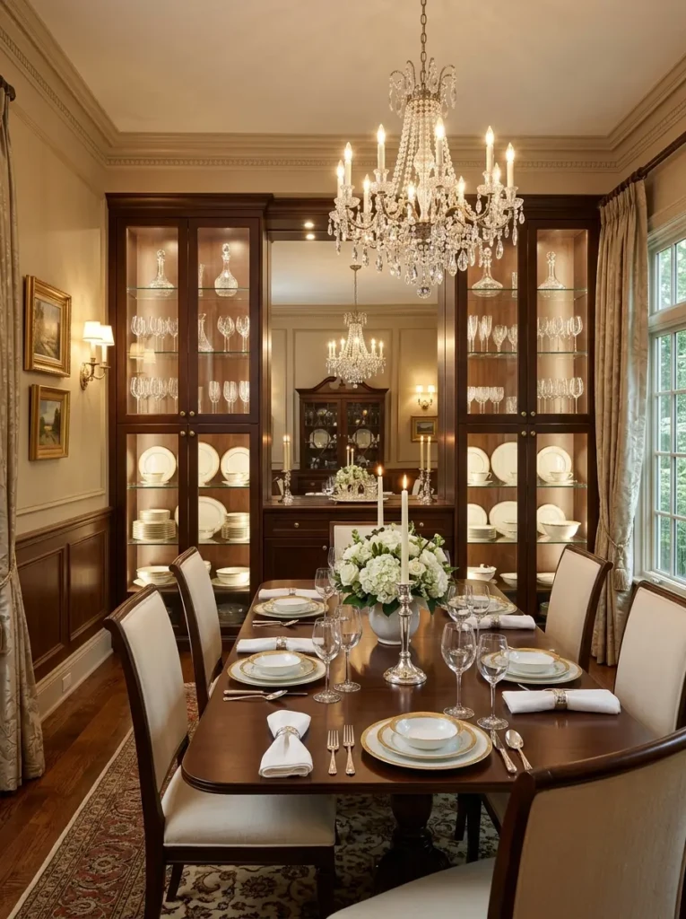 Elegant glass-front built-in cabinets displaying crystal glassware and coordinated dining room essentials.