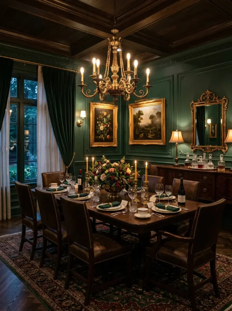 Luxurious dining room featuring forest green walls, dark wood furniture, leather seating, and brass chandelier.