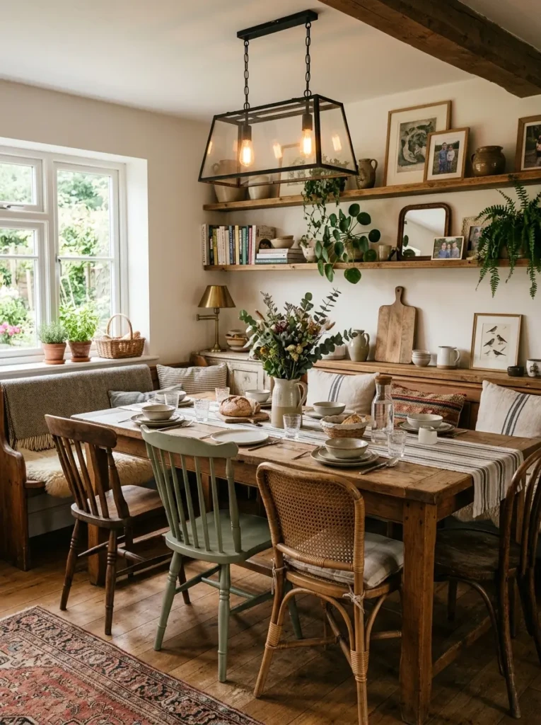 Relaxed dining area featuring mixed seating styles, wooden table, warm lighting, and charming decor.