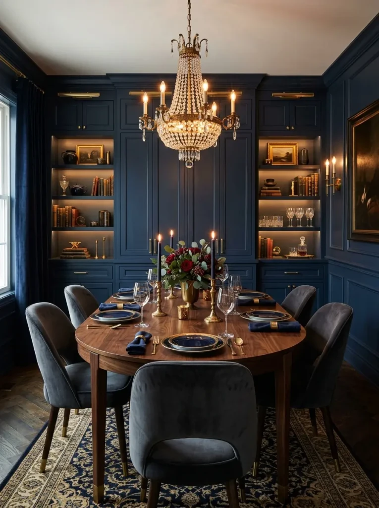 Elegant dining room featuring dark navy built-ins, brass accents, warm wood furniture, and dramatic lighting.