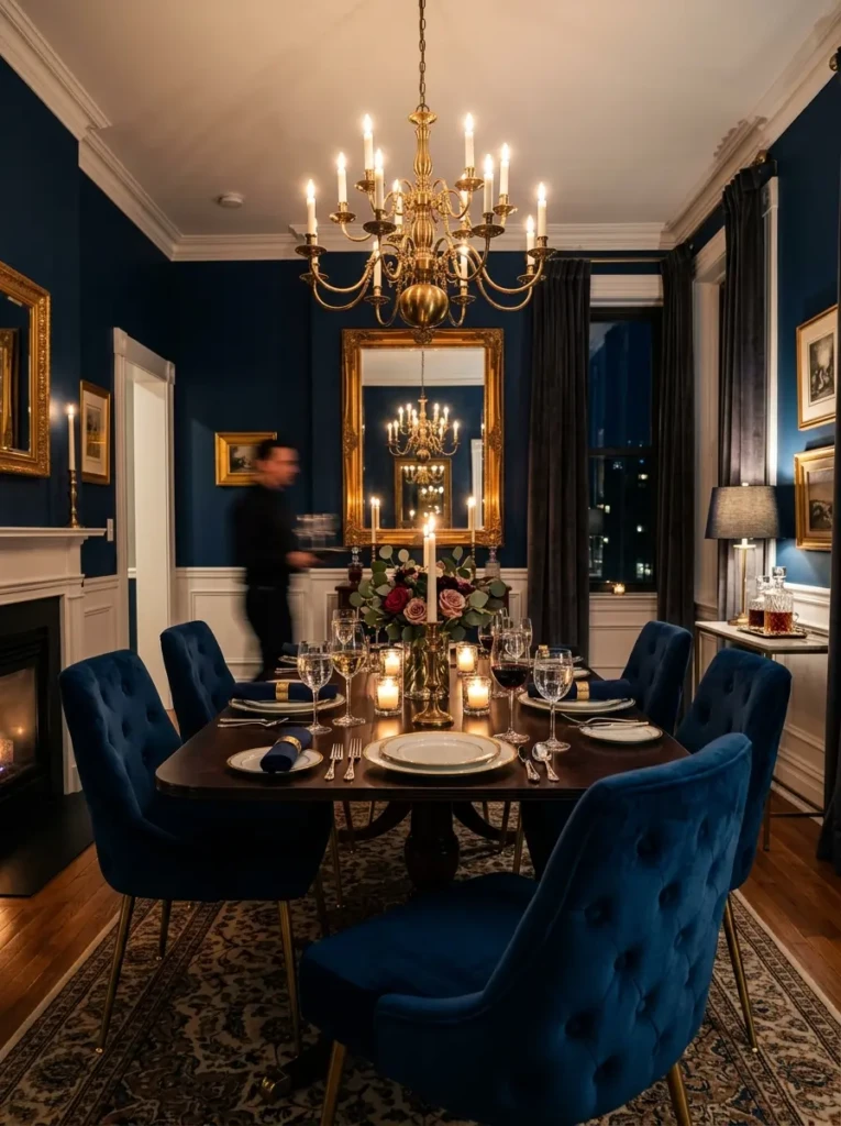 Elegant dining room featuring deep navy blue walls, brass chandelier, velvet chairs, and dramatic candlelit atmosphere.