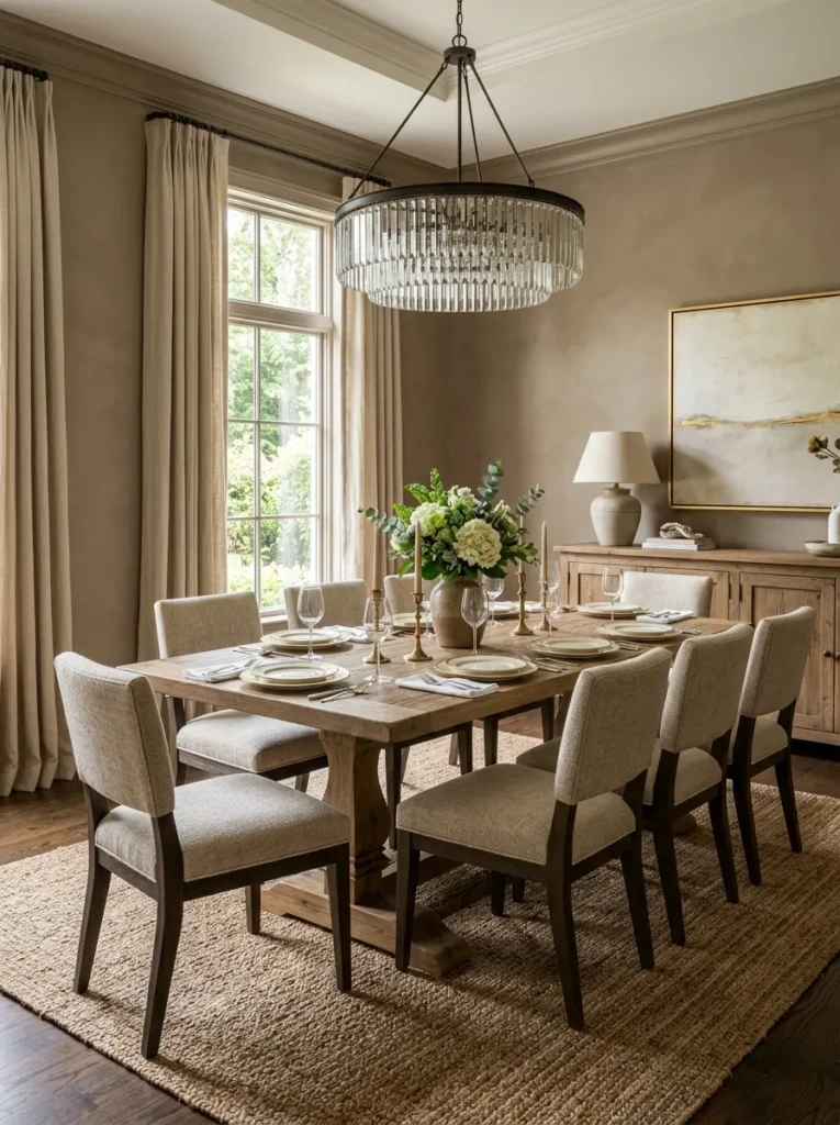Elegant dining room with warm taupe walls, upholstered chairs, linen curtains, and layered natural textures.