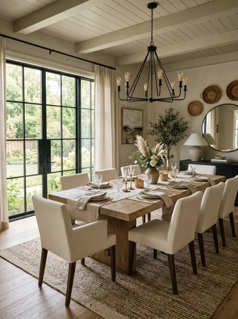 Sophisticated dining room with soft greige walls, oak dining table, cream upholstered chairs, and cozy natural lighting.