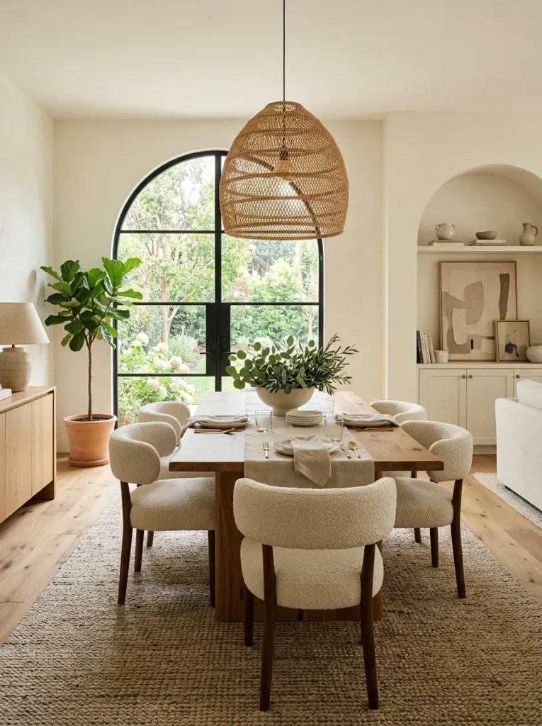 Dining room with creamy white walls, oak furniture, woven lighting, and a fresh, bright interior design.