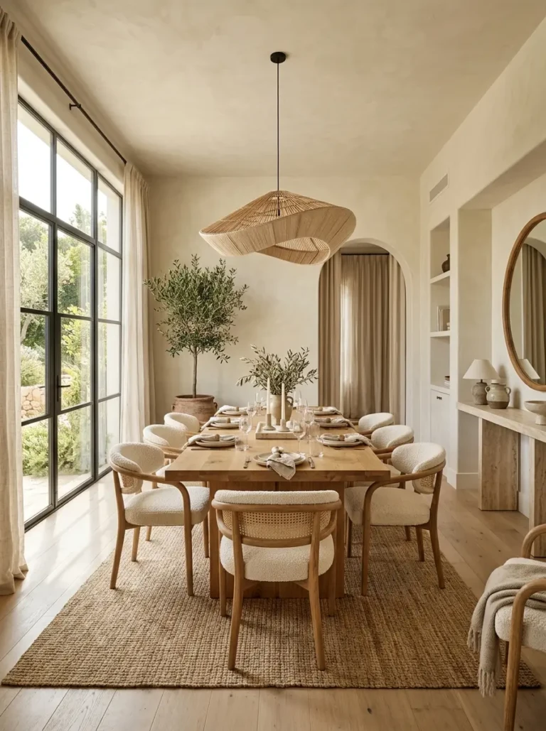 Organic modern dining room with warm wood table, linen curtains, and sunlight creating a cozy atmosphere.