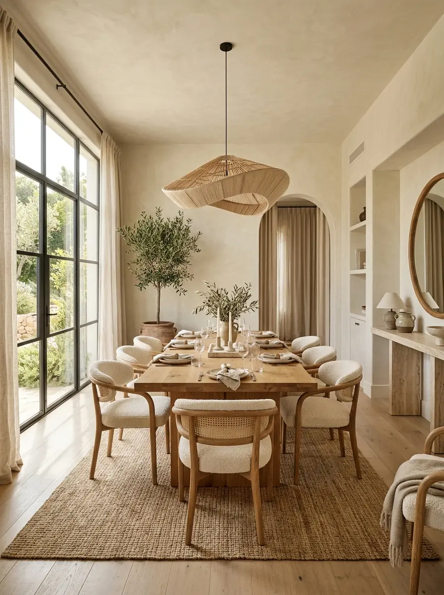 Organic modern dining room with warm wood table, linen curtains, and sunlight creating a cozy atmosphere.