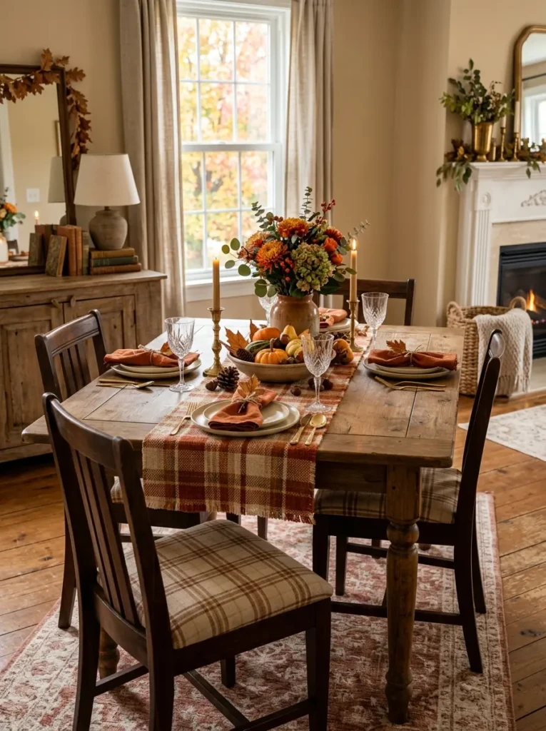 Dining room featuring plaid chair cushions and warm seasonal fabrics.