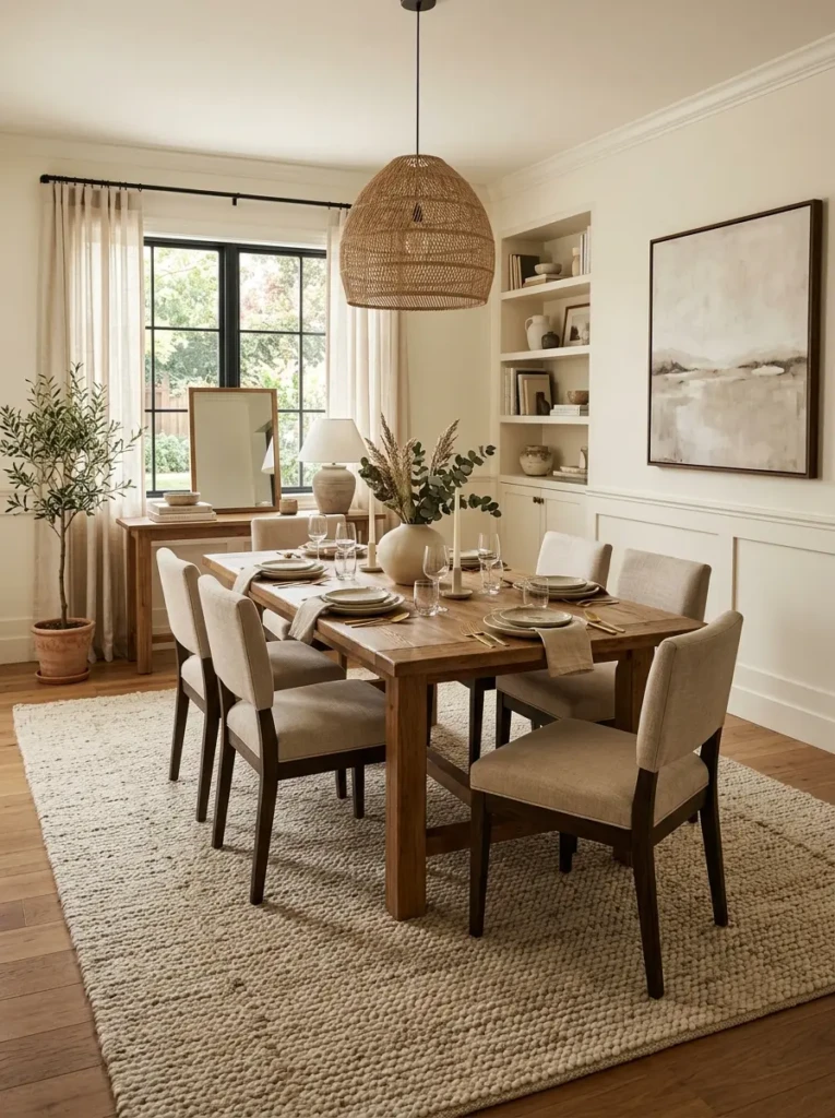 Casual dining room featuring a large textured rug beneath a wooden dining table and chairs.