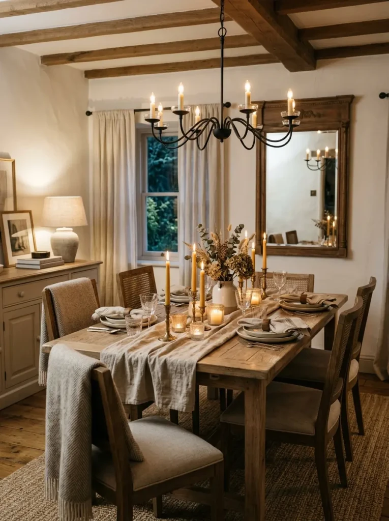 Candle-inspired chandelier casting a warm glow over an intimate dining setting.