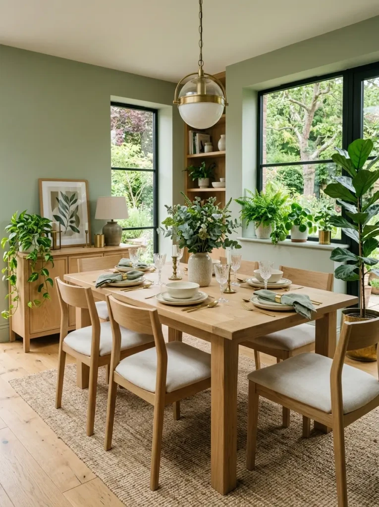 Peaceful dining room featuring sage green walls, natural wood furniture, indoor plants, and soft neutral accents.