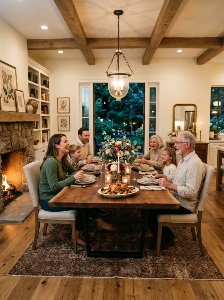 Inviting dining room centered around a beautifully designed dining table