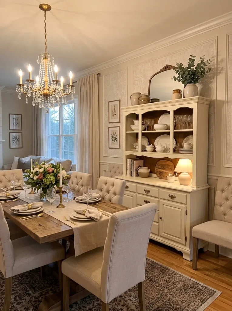 Fully styled dining room hutch in a warm and inviting dining room