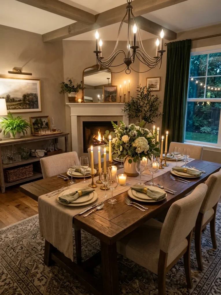 Stunning dining room with an elegantly styled dining table featuring candles, greenery, and timeless decor elements.