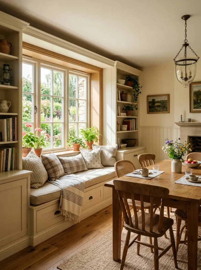Charming dining room with built-in window seat, custom cabinets, soft cushions, and warm natural light.