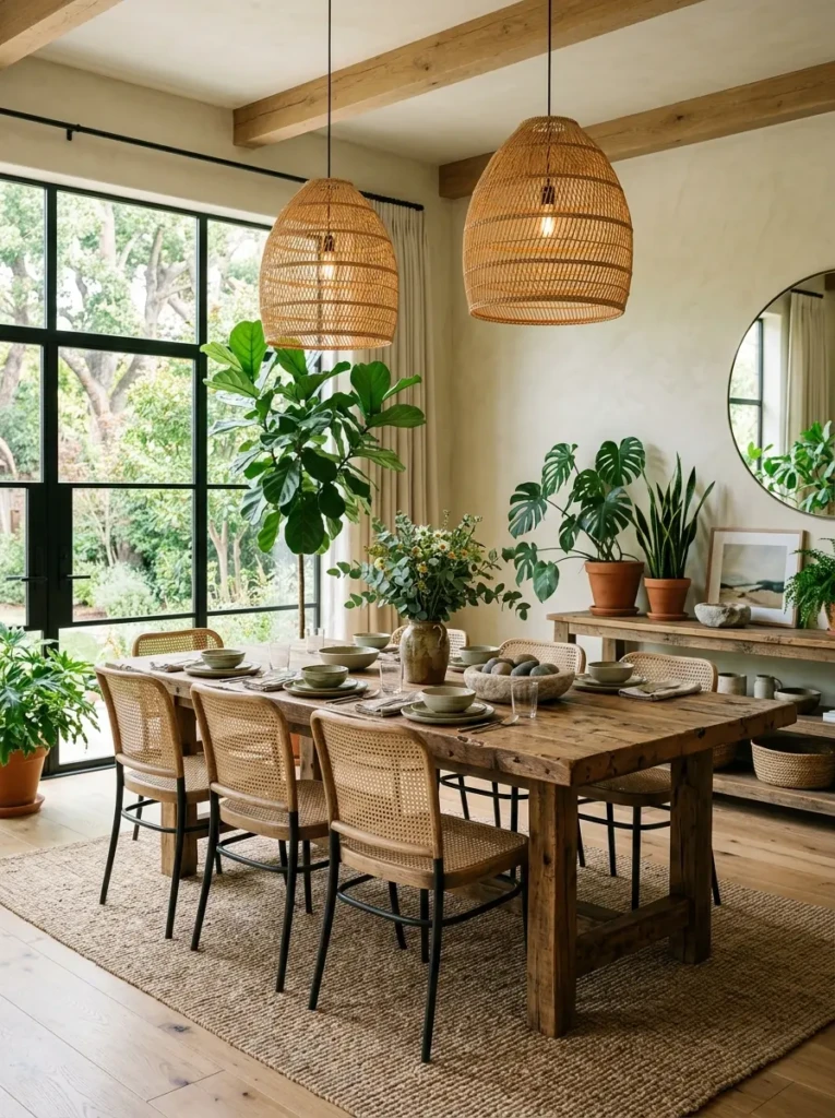 Casual dining room featuring indoor plants, rattan lighting, reclaimed wood furniture, and earthy decor.