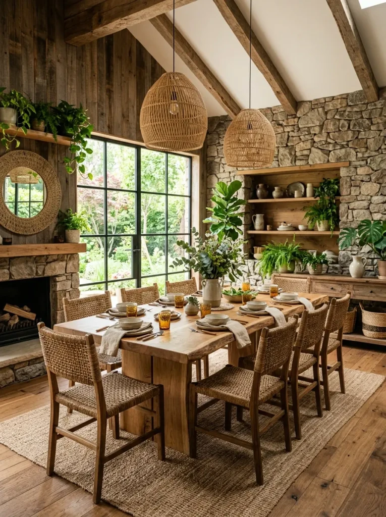 Organic chandelier inspired by branches and leaves in a bright dining room.