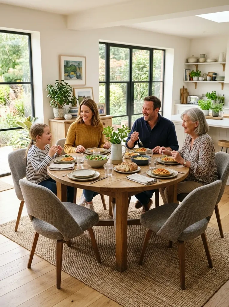 Bright dining space with a round wooden table, comfortable chairs, and an inviting social layout.