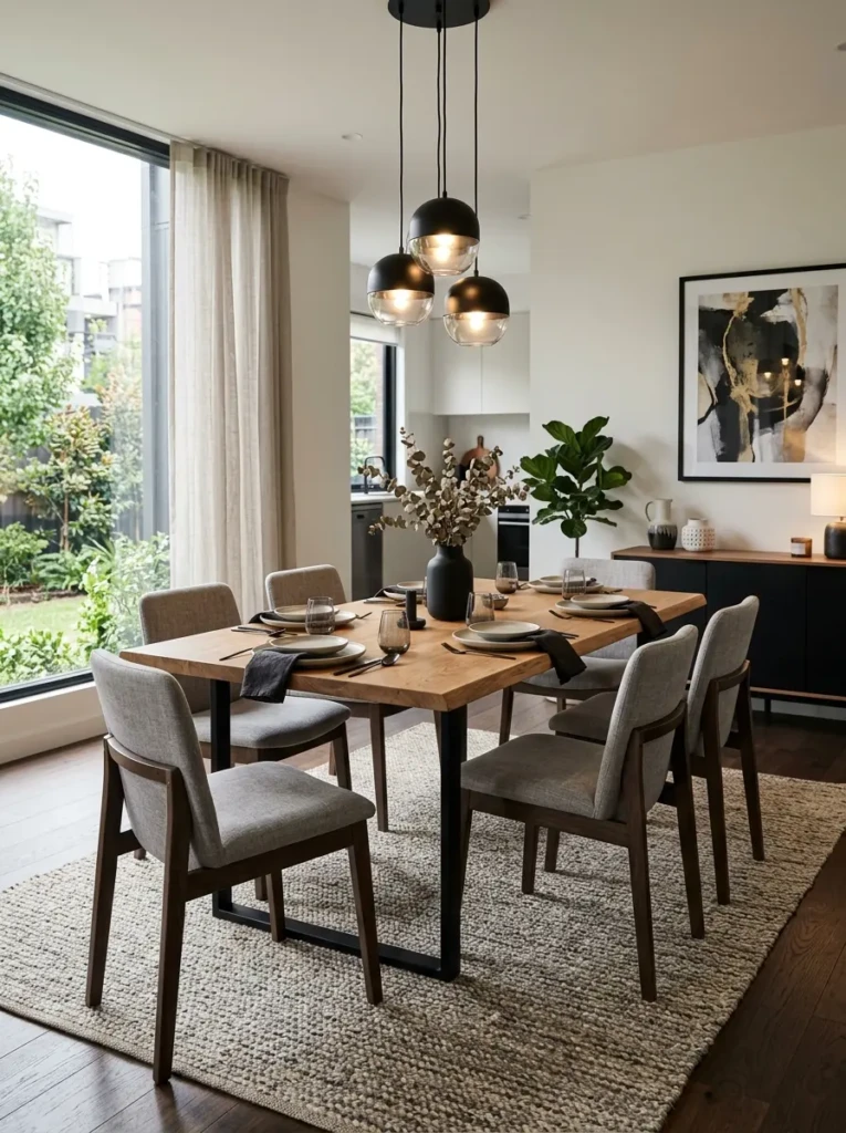 Contemporary dining room with sleek furniture, cushioned chairs, warm wood finishes, and inviting decor.