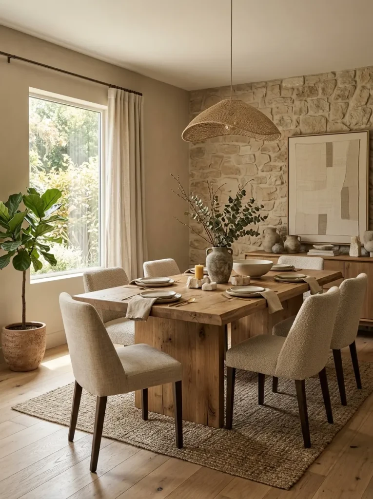 Neutral dining room featuring mushroom beige walls, wooden furniture, textured fabrics, and earthy decor elements.