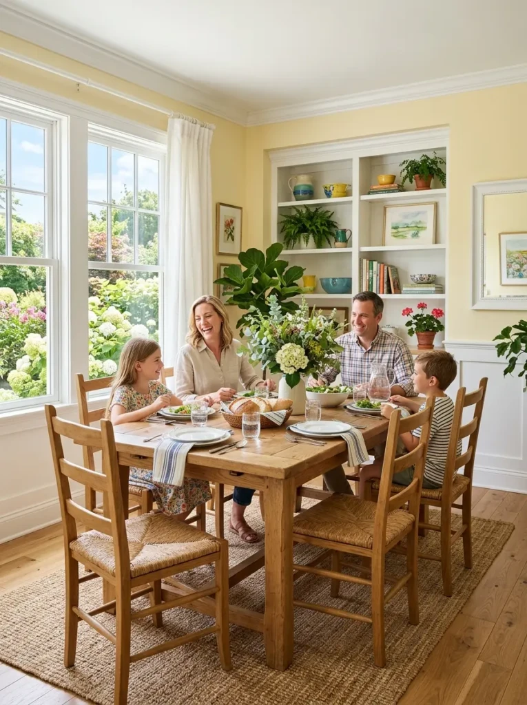 Charming dining room with buttercream yellow walls, natural wood furniture, fresh greenery, and sunny ambiance.