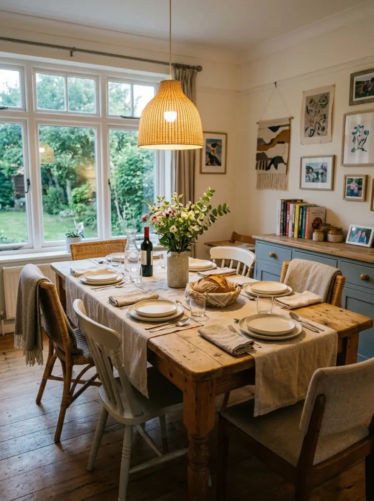 Compact dining bench tucked neatly under a table in an open-plan space.