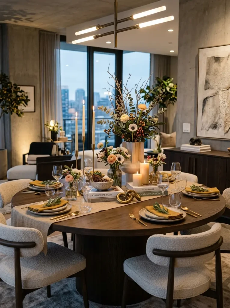 Balanced arrangement of tall vase, candles, and decorative bowl on a stylish table.