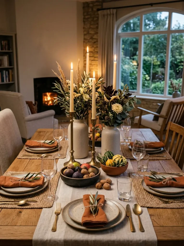 Dining table arrangement featuring tall candlesticks, decorative vases, and layered accessories for visual interest.