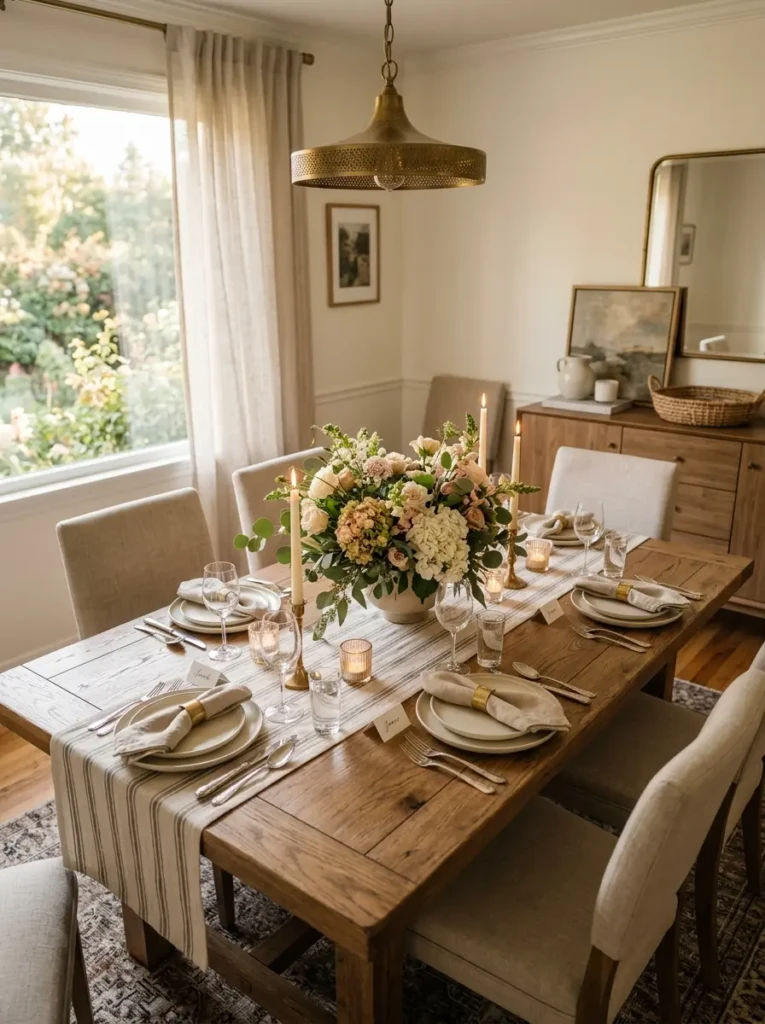 Stunning dining table setup with warm lighting and timeless decor creating an inviting atmosphere.