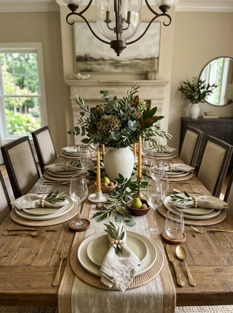 Coordinated dining table decor with soft earthy colors and natural textures.
