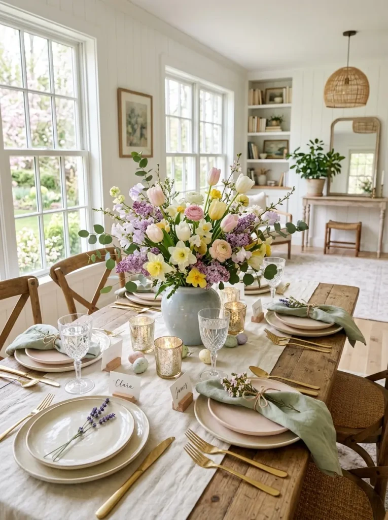 Fresh seasonal dining table decor featuring flowers, natural elements, and soft colors for a welcoming atmosphere.