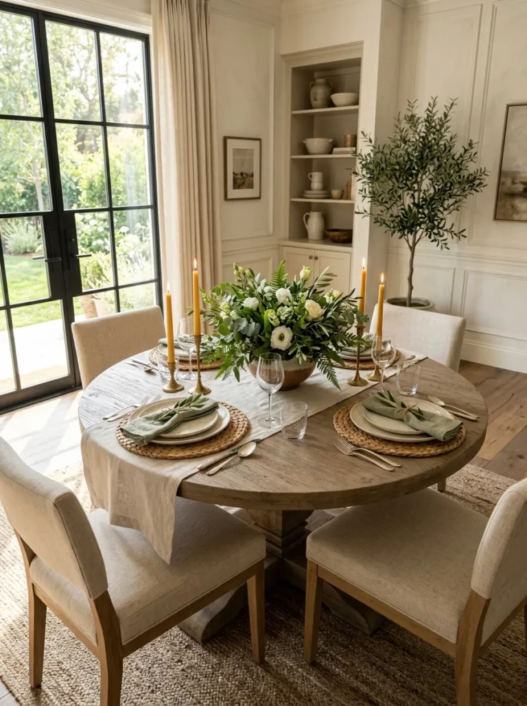 Beautiful round dining table decorated with candles, greenery, and elegant neutral decor in a cozy dining room.