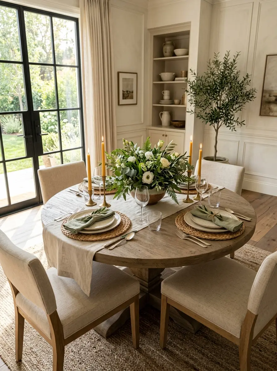 Beautiful round dining table decorated with candles, greenery, and elegant neutral decor in a cozy dining room.