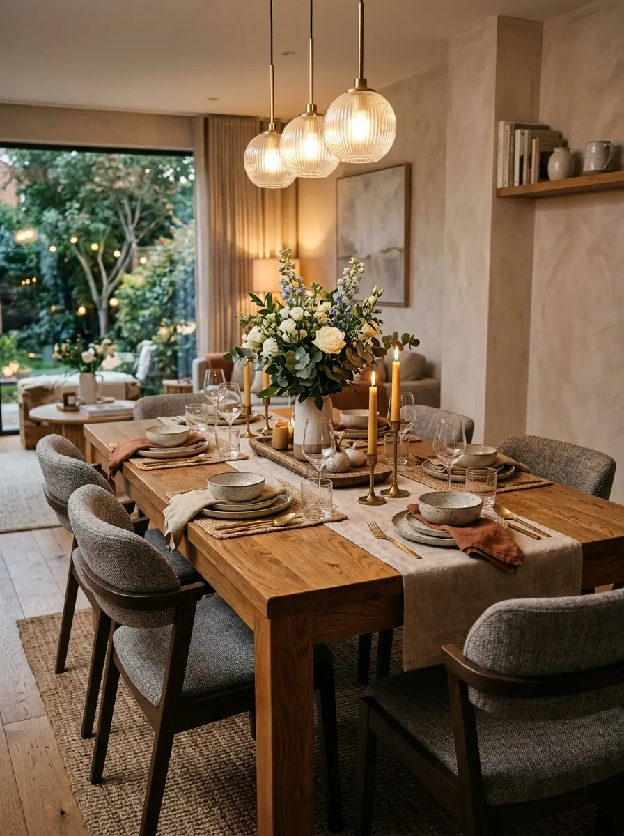 Stylish dining table design with warm lighting, elegant décor, and inviting seating arrangement