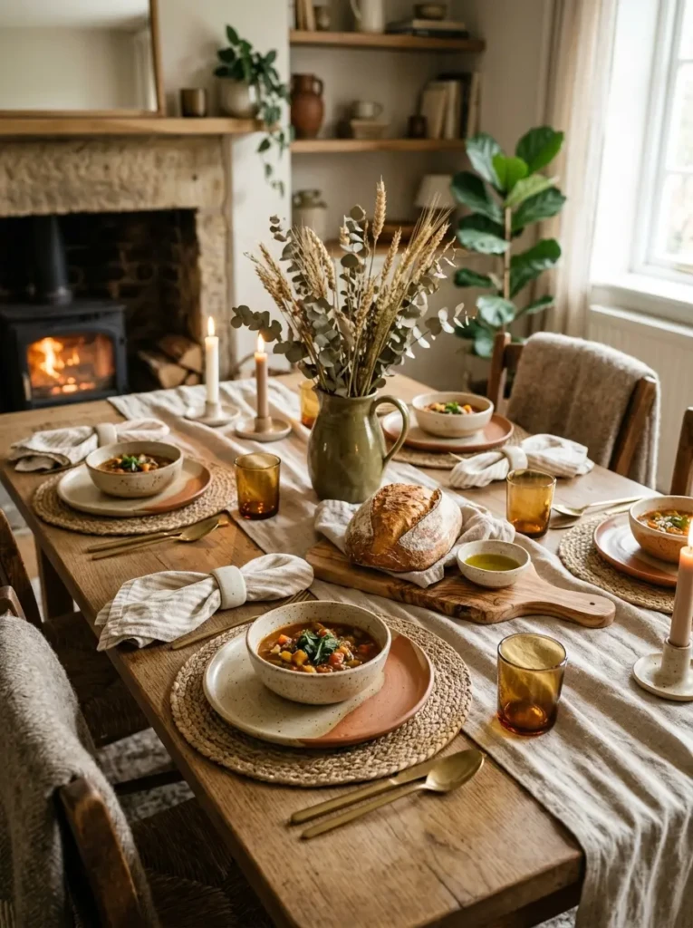 Dining table decorated with linen runner, woven placemats, wooden accents, and ceramic accessories for added warmth.