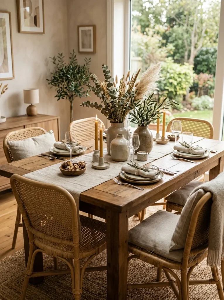 Dining table styled with natural materials and cozy textured accessories