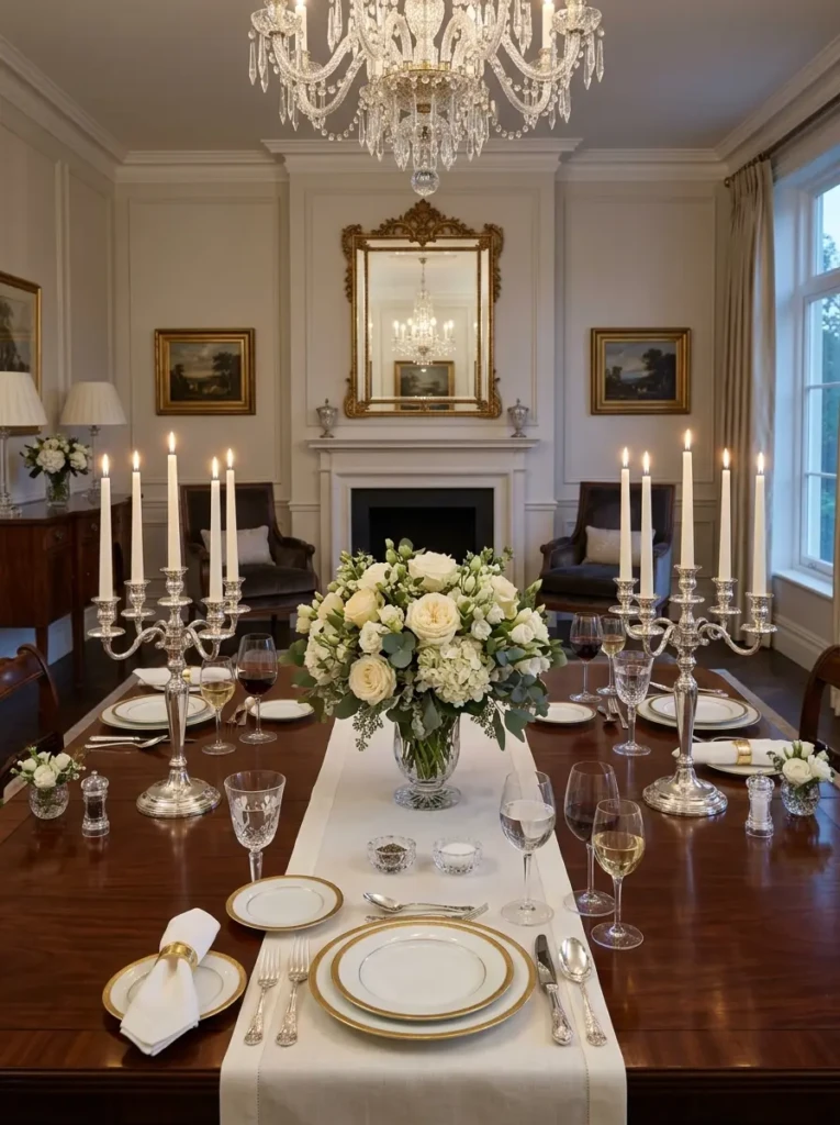 Balanced dining table decor with matching candleholders and a centered floral arrangement.