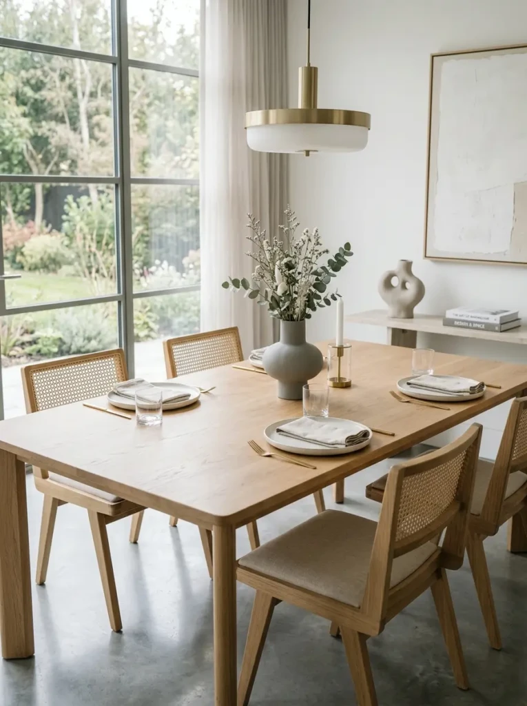 Elegant dining table with minimal decor creating a refined and spacious atmosphere.