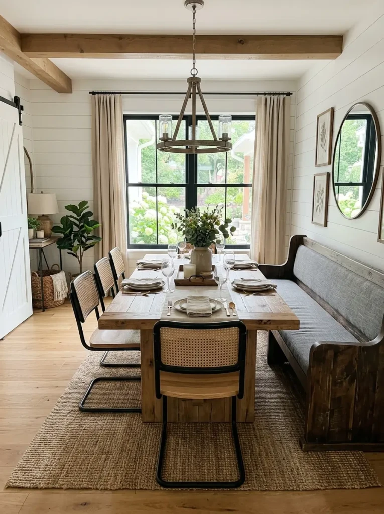 Dining room combining bench seating and chairs for flexible functionality