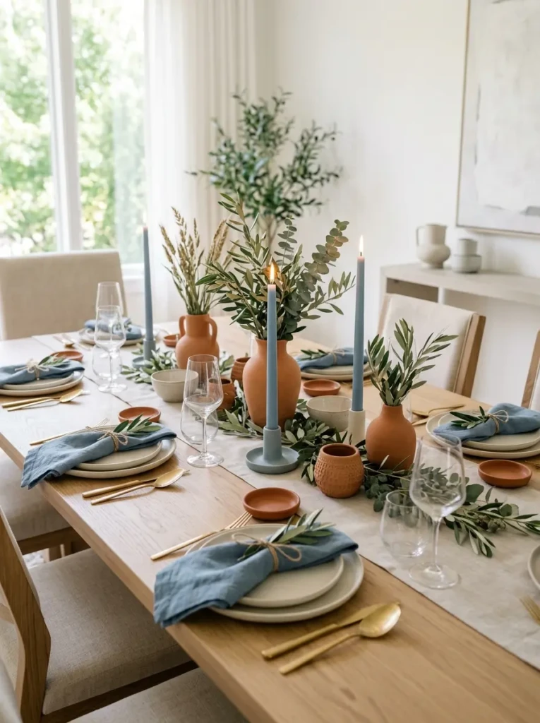 Neutral dining table decorated with blue candles, terracotta accessories, and green foliage accents.