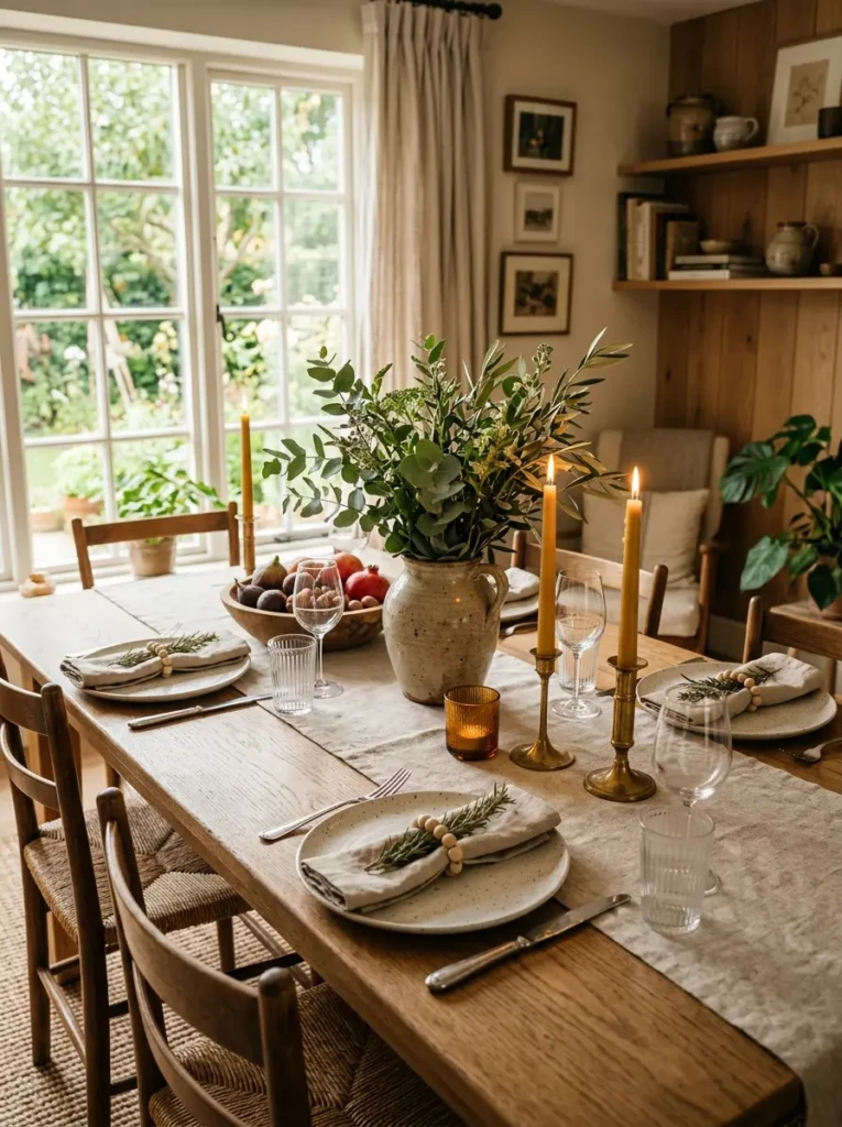 Elegant dining table decorated with candles, greenery, ceramic vases, and welcoming everyday styling.
