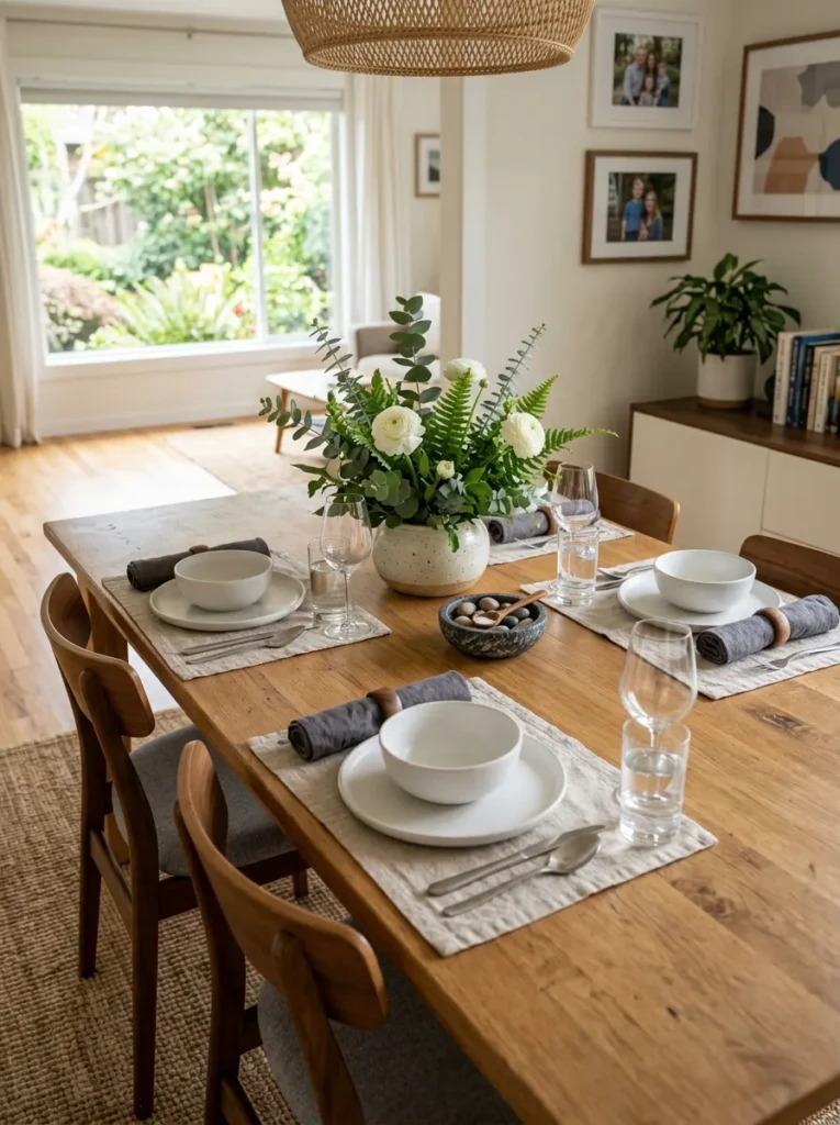 Functional dining table styling featuring a simple centerpiece and clutter-free decorative arrangement.