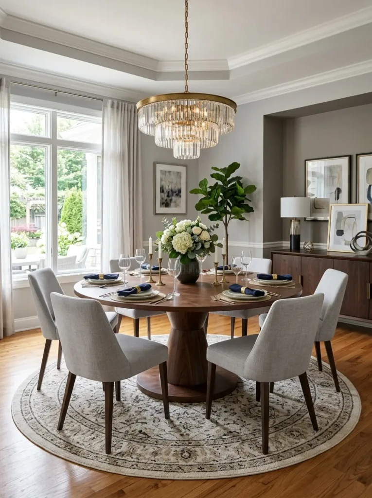 Pedestal round dining table with chandelier and circular rug underneath