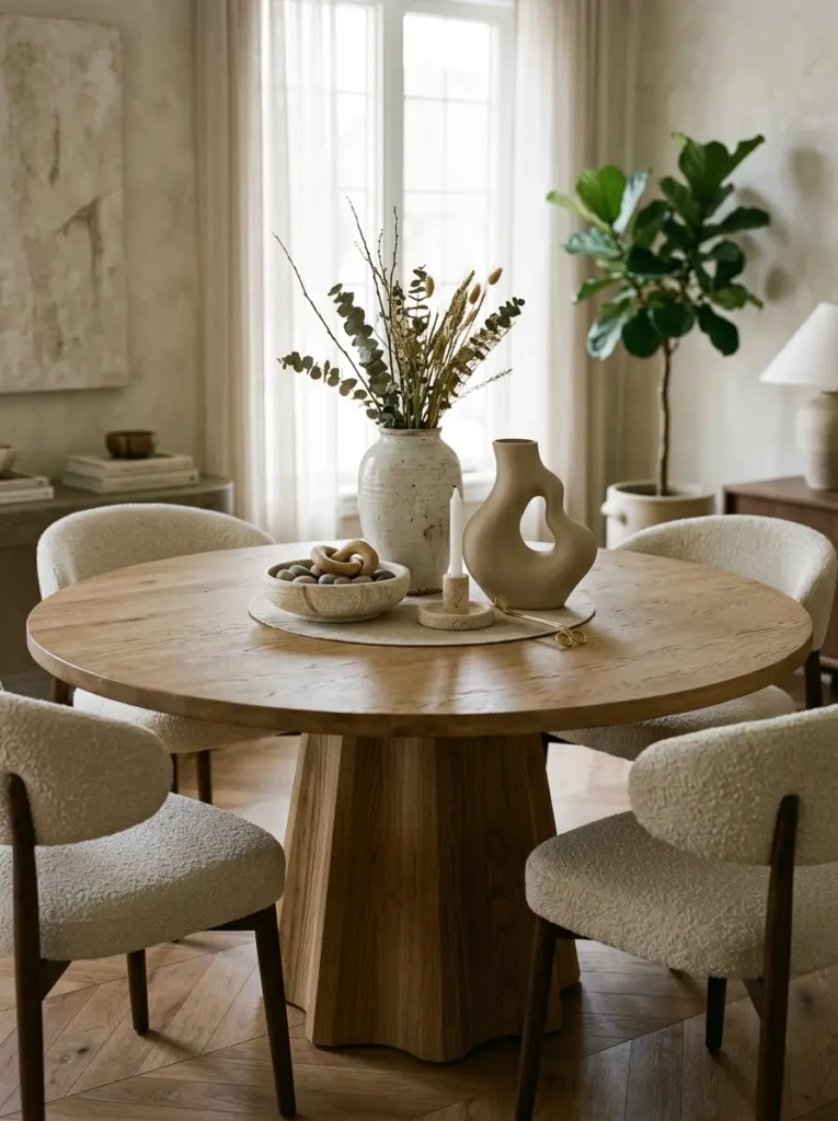 Decorative vase and sculptural objects arranged in a harmonious centerpiece on a round table.