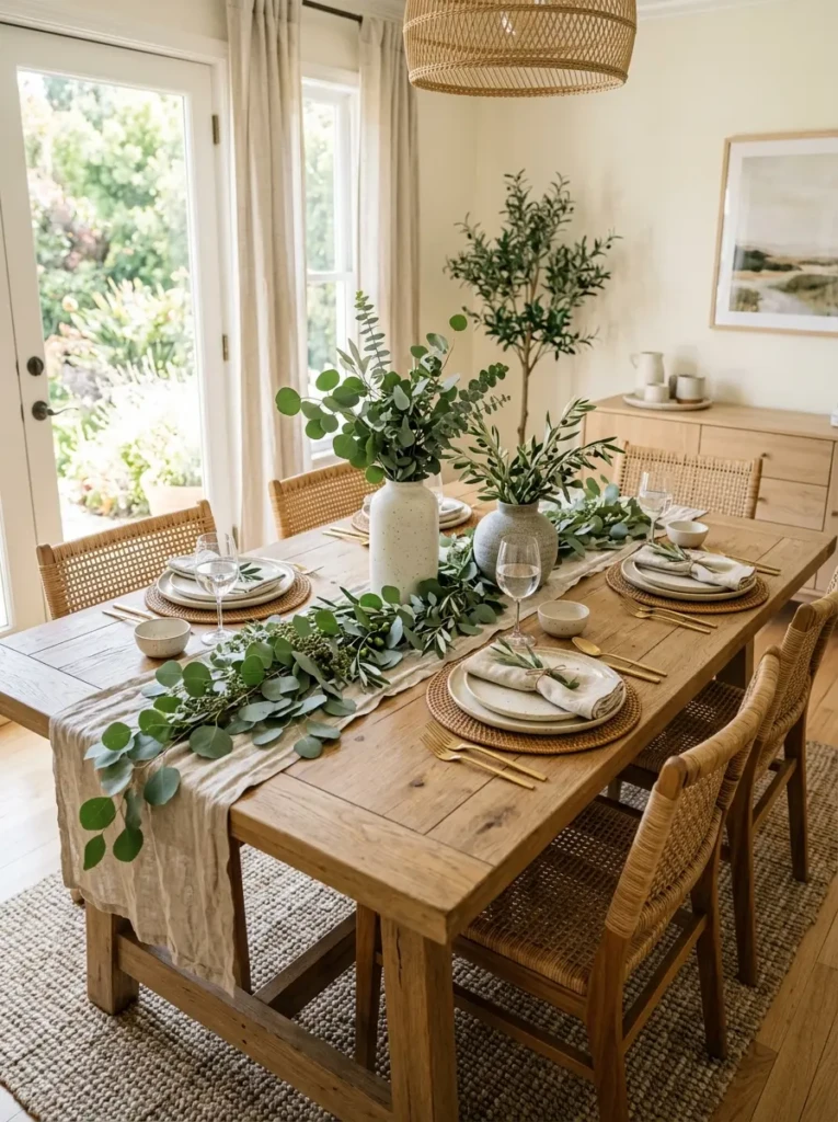 Elegant dining table styled with eucalyptus branches and natural greenery in ceramic vases.