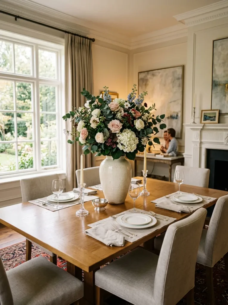 Dining table styled with a large ceramic vase filled with fresh flowers creating a stunning focal point.