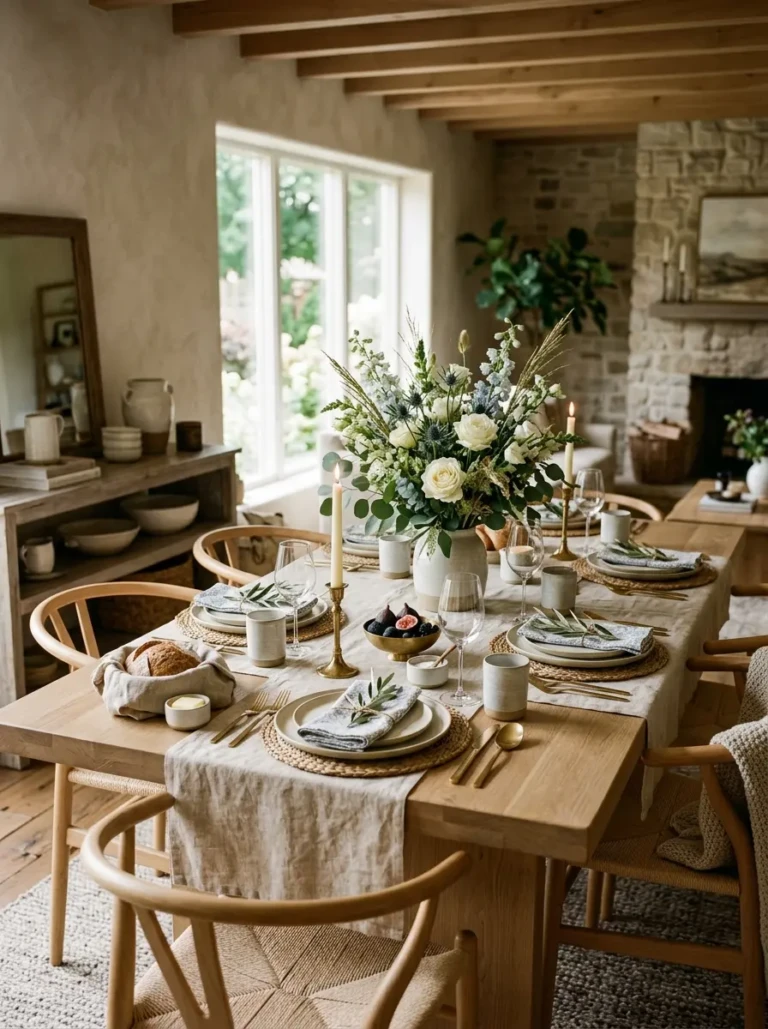 Beautiful dining table blending modern, farmhouse, and elegant decor elements in a cozy space.