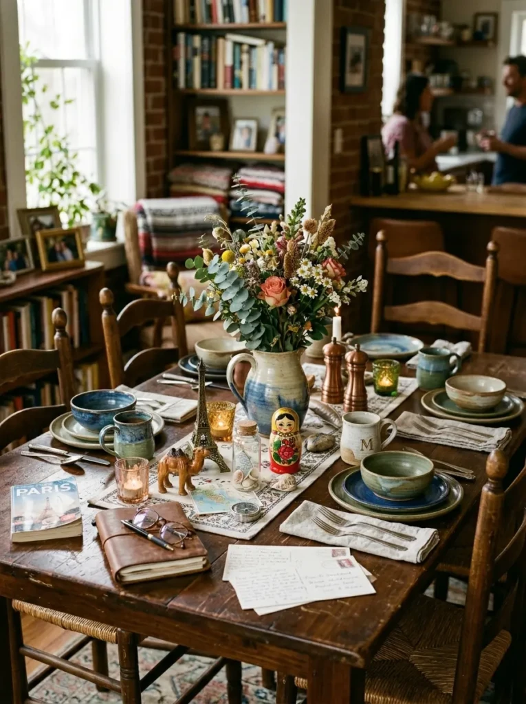 Dining table decorated with handmade pottery, vintage keepsakes, and unique personal decor items.