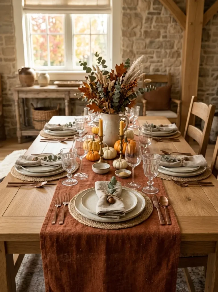 Rustic dining table decorated with a textured autumn table runner and elegant place settings.