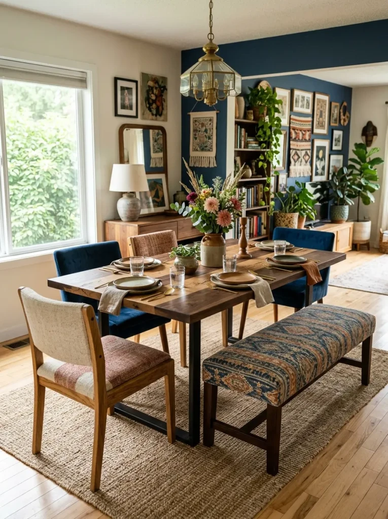 Mixed wood and upholstered dining chairs creating a personalized look